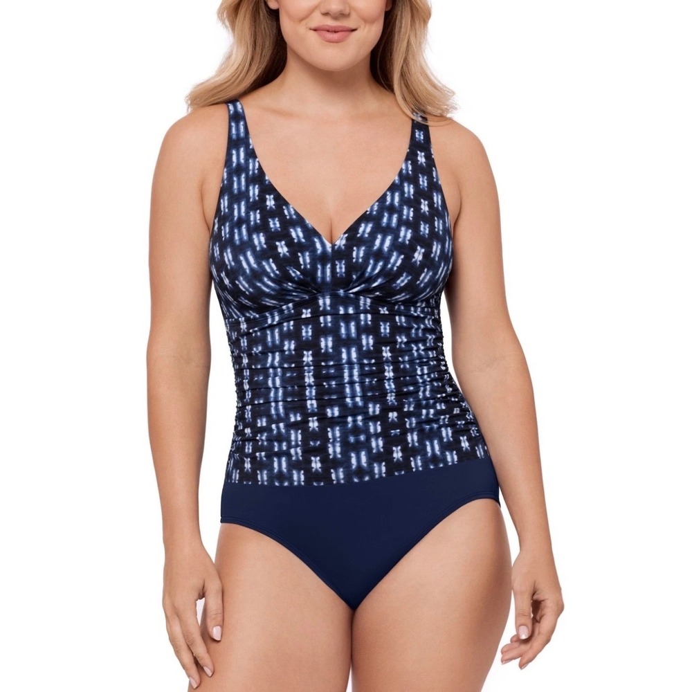 Swim Solutions Womens Navy Blue Shibori V Neck Side Shirred One Piece Swimsuit 8 - Picture 1 of 8